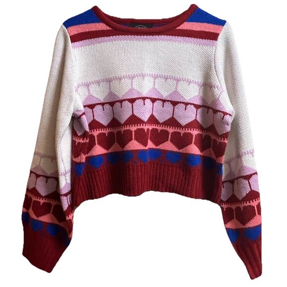 Cider Women's Cropped Cozy Sweater Pullover Heart Pattern Puff Sleeve-Size Small - Picture 2 of 5